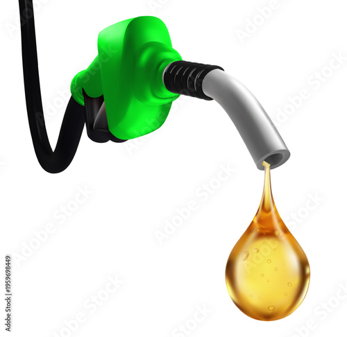 Green fuel nozzle  dynamically dispensing single large golden-yellow oil drop bio-energy renewable power and environmental sustainability ideal for renewable energy marketing and corporate social