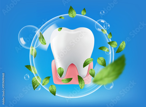 Tooth embedded healthy pink gums positioned centrally within a large transparent protective bubble The bubble symbolizes advanced protection oral hygiene Surrounding the protective bubble  