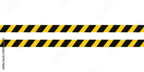 Warning tape with yellow and black diagonal stripes. Warn stop seamless line. Yellow and black caution tape border.