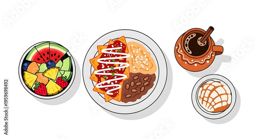 A colorful vector illustration of a breakfast spread featuring fruit, pastries, and coffee.