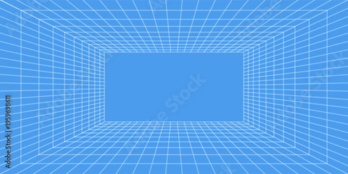 Grid room in perspective in 3d style. Indoor wireframe from white laser beam on  blue background, digital empty box. Abstract geometric design. Vector illustration