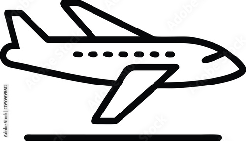 A sleek monochrome illustration of a commercial airplane in flight.