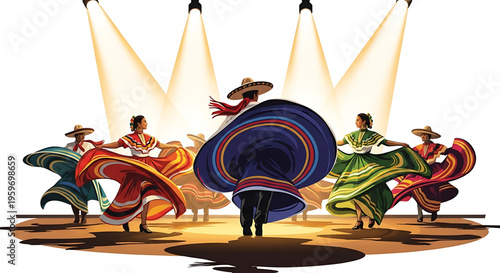 A vibrant illustration of traditional Mexican dancers performing on stage with colorful costumes and sombreros.