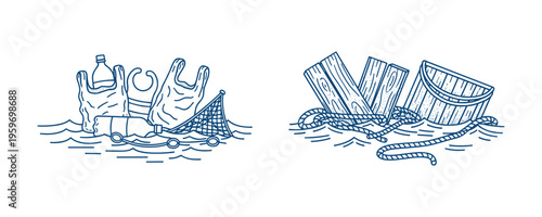 Ocean pollution drawing with plastic bottles and bags floating on water vector
