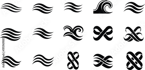 vector collection features abstract black wave icons and stylized water logo elements designed to represent ocean tides, flowing liquid motion, and simple nature-inspired surf symbols.