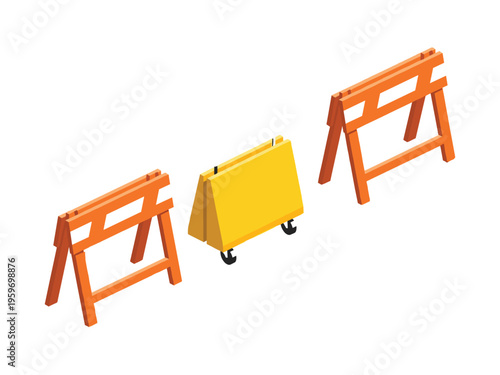 Road construction safety barriers and orange traffic barricade equipment vector