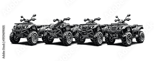 Quad bike row with black and white hand drawn all terrain vehicle sketch vector