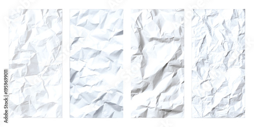 Set of four vertical white crumpled paper textures for minimalist graphic design backgrounds
