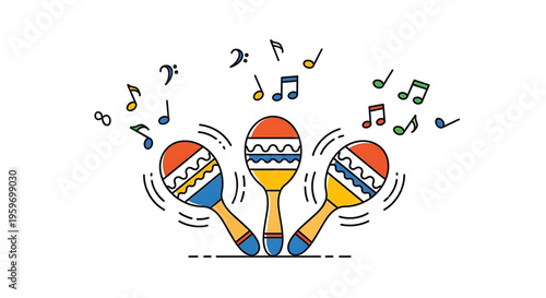 A colorful vector illustration of three maracas surrounded by musical notes