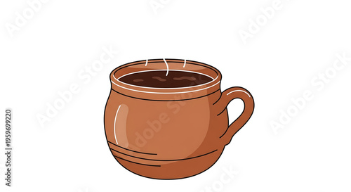 A steaming cup of coffee in a brown ceramic mug with a handle