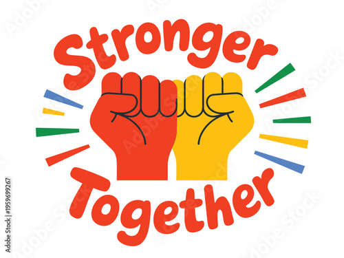 Stronger together logo with two fists and colorful lines on white background