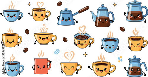 PrintCute coffee cups and teapots kawaii vector set, funny cartoon drink characters, adorable beverage illustrations, playful cafe icons collection, colorful design elements
