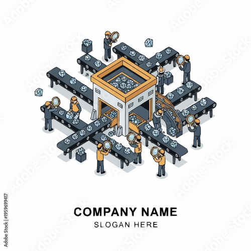 Isometric illustration of a diamond cutting and polishing factory with workers on assembly lines.