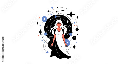 Woman with long blonde hair in a starry cosmic background.