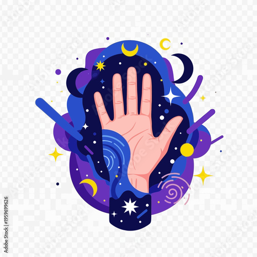 Hand against a cosmic background with celestial elements.