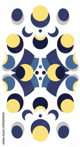 Abstract celestial pattern with moon phases and geometric shapes.