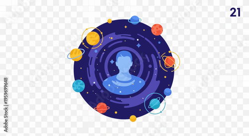 Abstract human profile within a cosmic circle of planets.