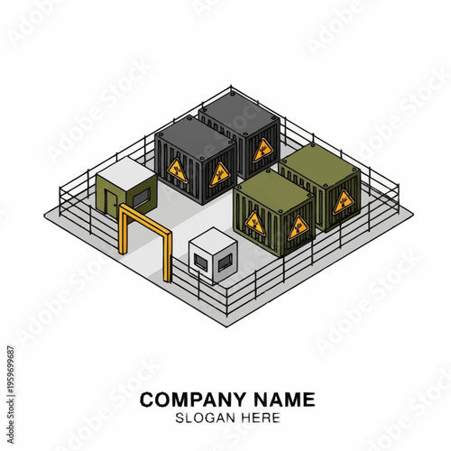 Isometric view of a secure industrial facility storing hazardous radioactive waste containers within a fenced compound.