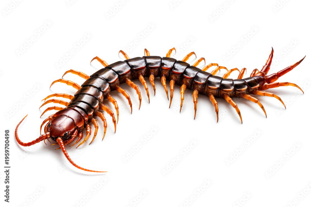 Fototapeta premium Centipede Isolated on White Background, Detailed Macro Insect Close Up