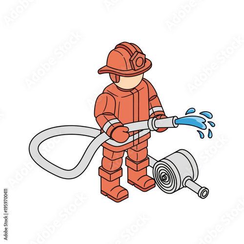 Cartoon Firefighter Holding Hose with Water Spraying Out.