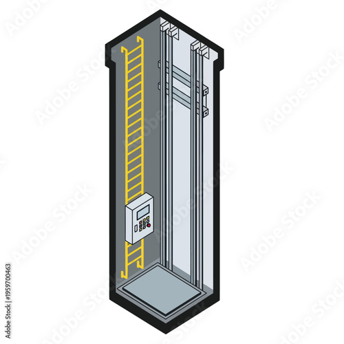 Isometric View of Elevator Shaft with Ladder and Control Panel.