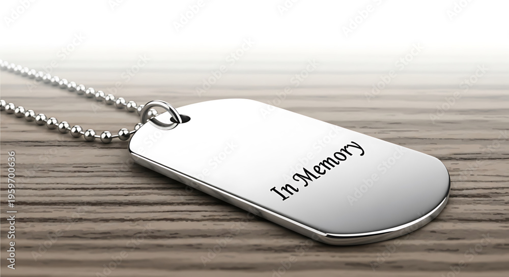 Fototapeta premium A silver dog tag necklace with a chain lies on a wooden surface with the words 'In Memory' engraved on it.