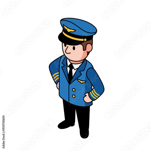 Cartoon Pilot in Blue Uniform with Hands on Hips.