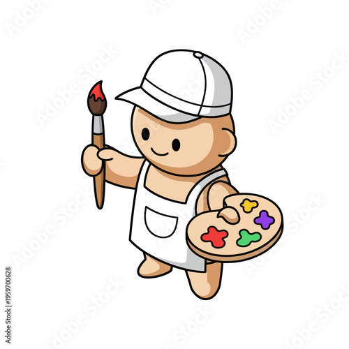Cartoon artist character holding paintbrush and palette with colorful paints.