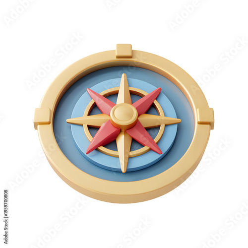 Decorative compass rose in red and gold illustration on transparent background