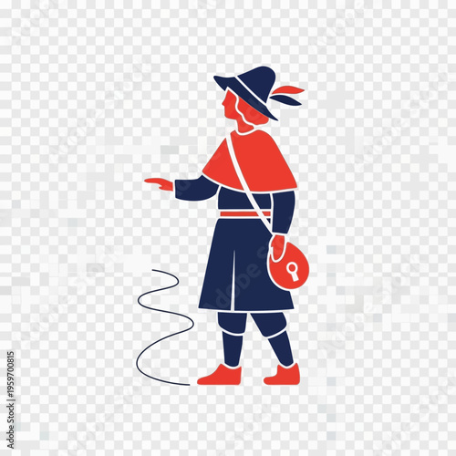 Stylized person in historical clothing holding a whip
