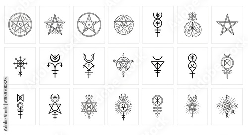 Collection of occult symbols and astrological signs in black and white.