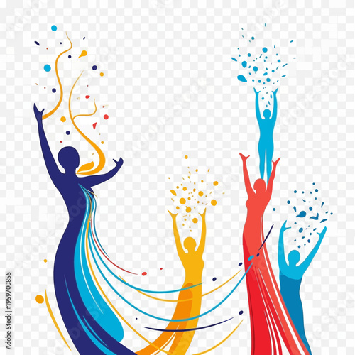 Abstract figures celebrating with colorful streams and confetti.