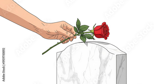 A hand placing a red rose on a marble tombstone in a solemn and respectful gesture