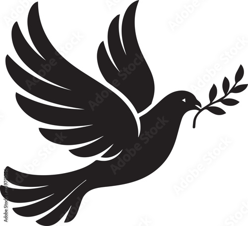 Peace and harmony icon showing dove with olive branch in black silhouette style