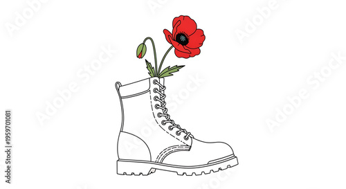 A minimalist vector illustration of a combat boot with a red poppy flower growing out of it, symbolizing remembrance and peace.