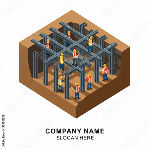 Construction workers meticulously assembling steel rebar framework for a building foundation in an isometric view.