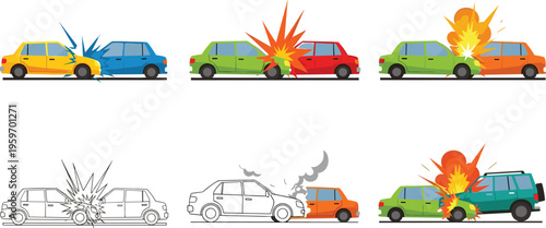 Car Accident and Collision Illustration Set with Colorful Cars, Explosions, and Impact Effects for Traffic and Emergency Concepts