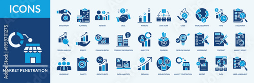 Market Penetration icon set. Thin Flat blue Set contains such Icons as trends analysis, dividend, leadership and more. Simple web icons set