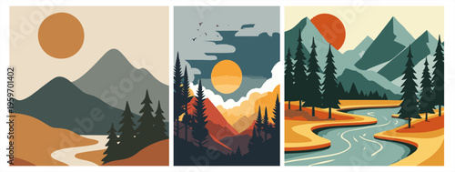 Triptych of powerful white horses running in the desert. Dynamic equine movement with sunset and dust. Artistic animal vector.