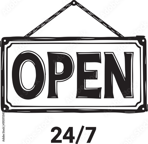 A simple, yet iconic, OPEN 24/7 sign. The minimalist aesthetic captures the essence of availability and approachability.
