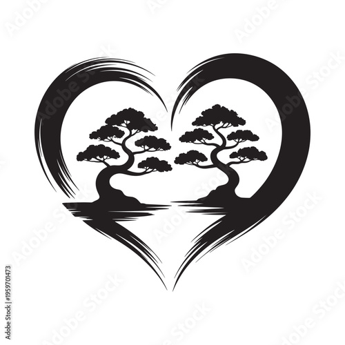 A serene black and white illustration depicts two bonsai trees embraced within a heart shaped brushstroke design