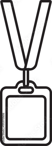 Simple, minimalist line art of an identification badge, symbolizing access, permission, or security. The badge hangs from a simple lanyard, offering a clear and concise visual metaphor.