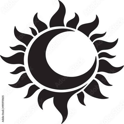 Black crescent moon sun silhouette icon symbolizing balance harmony and duality in a bold radiant design
