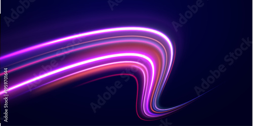 Purple neon streaks spiral in abstract vortex patterns. Motion blur adds futuristic speed sensation. PNG overlay suits sci-fi visuals.