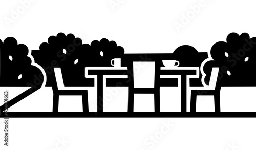 Modern Backyard Garden Table Graphic with Bold Black White Shapes Minimal Outdoor Furniture Vector