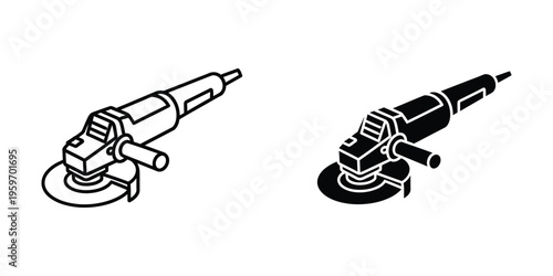 Two angle grinders depicted in contrasting black and white styles