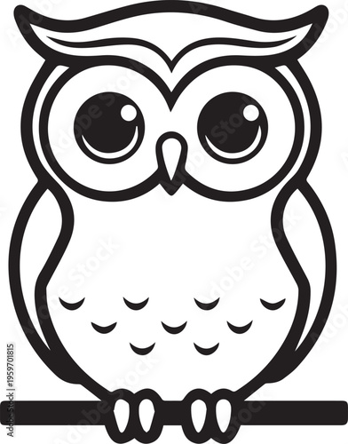 A charming illustration of a stylized owl with distinct black and white lines perched on a branch. Capturing the essence of wisdom and quiet observation. 