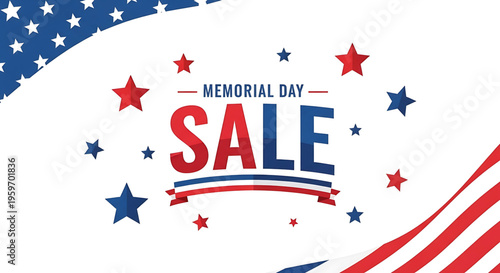 A patriotic Memorial Day sale vector graphic with red, white, and blue stars and stripes