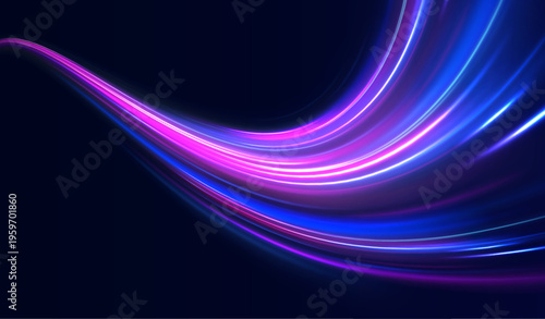 Vector glowing light trails swirl in abstract shapes across night sky. Acceleration lines create dynamic movement sensation. Perfect for digital designs.