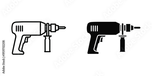 Contrasting visual styles of a cordless drill in black and white outline designs